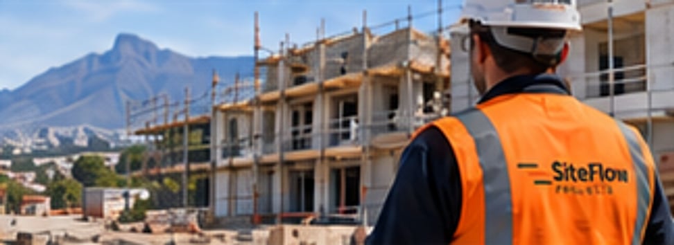 Inspector looking over a low-rise building under construction with mountains behind