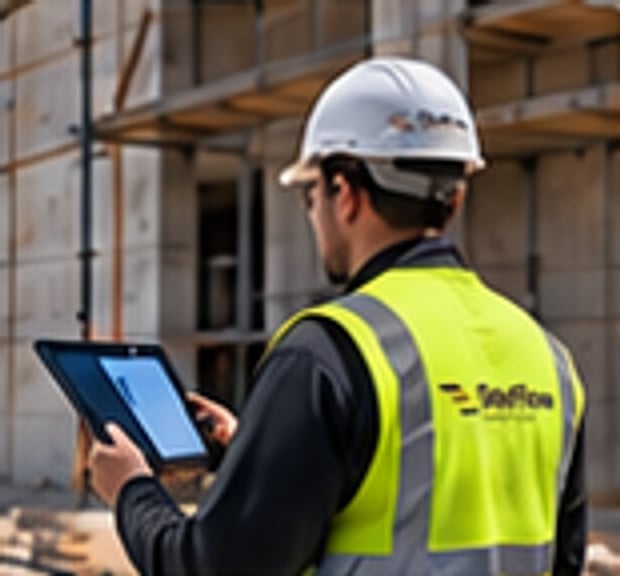 Site inspector in a hard hat reviewing notes on a tablet