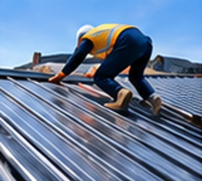 Roofer working on a metal sheet roof